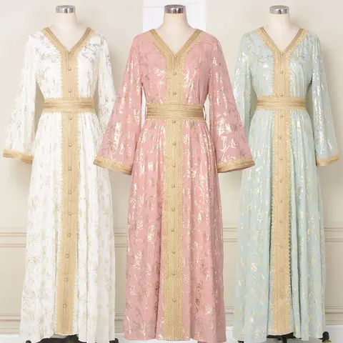 Marockansk kaftanklänning för kvinnor, folietryckt arabisk mantel med bälte Jalabiya, kvällsfest Ramadan Eid bröllop Dubai islam muslimsk abaya 10 best sales Marockansk brudklänning - №6