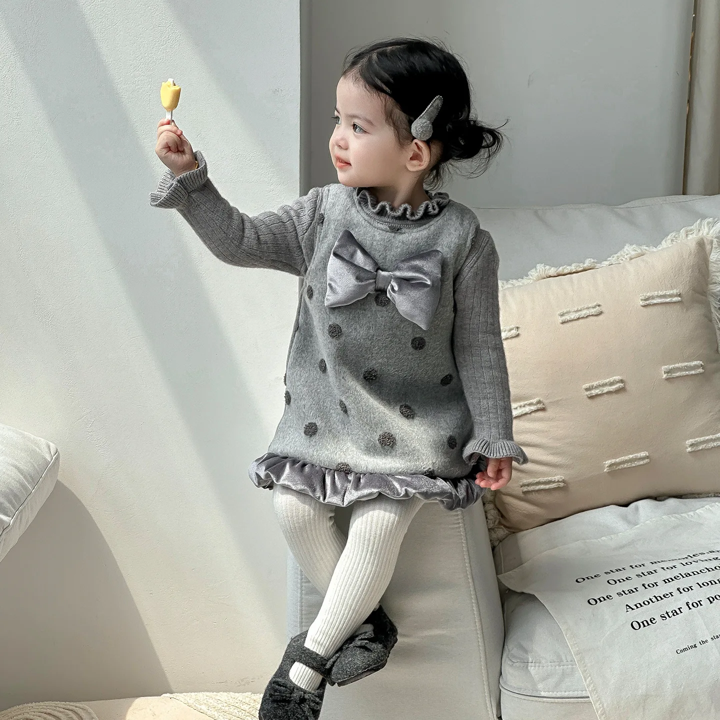 2025 Autumn and Winter New Infant Woolen Skirt Set Female Treasure Polka Dot Dress Sweater Base Two-piece Set