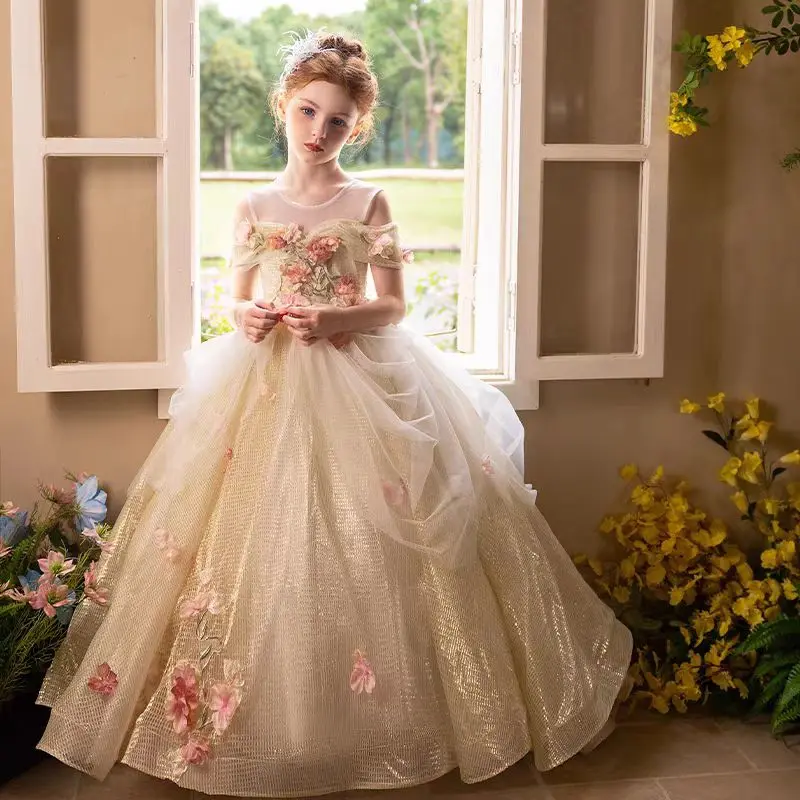 Jill Wish J363 Luxury Gold Handmade Flowers Girl Dress Off Shoulder Arabic Princess Wedding Birthday Pageant Party Evening Gown