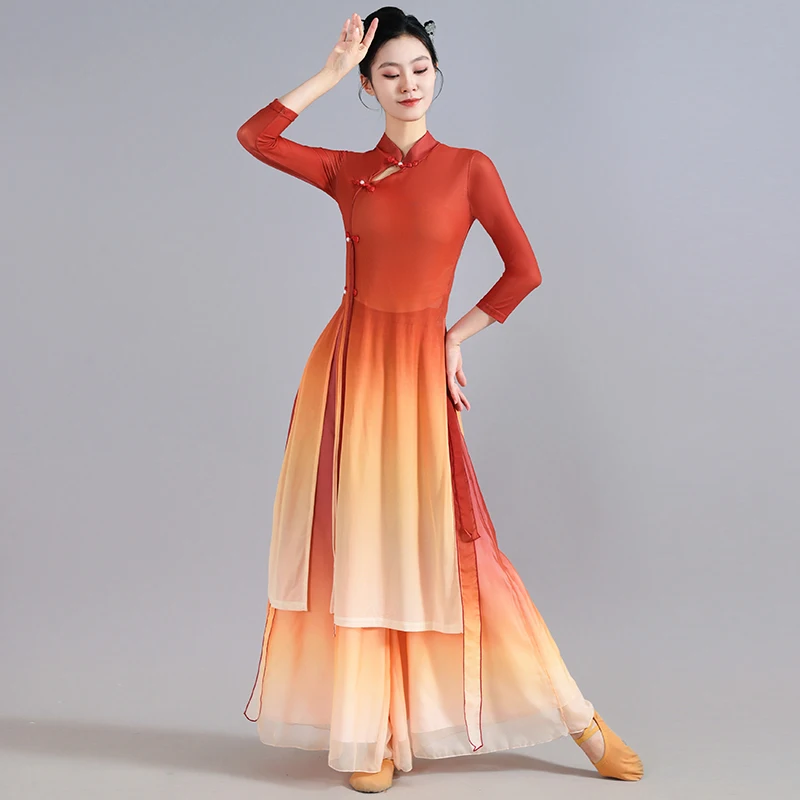 古典舞踊のガーゼ衣装、エレガントな中国風チャイナドレスと扇子舞のドレス、新しいスタイルの女性用スーツ