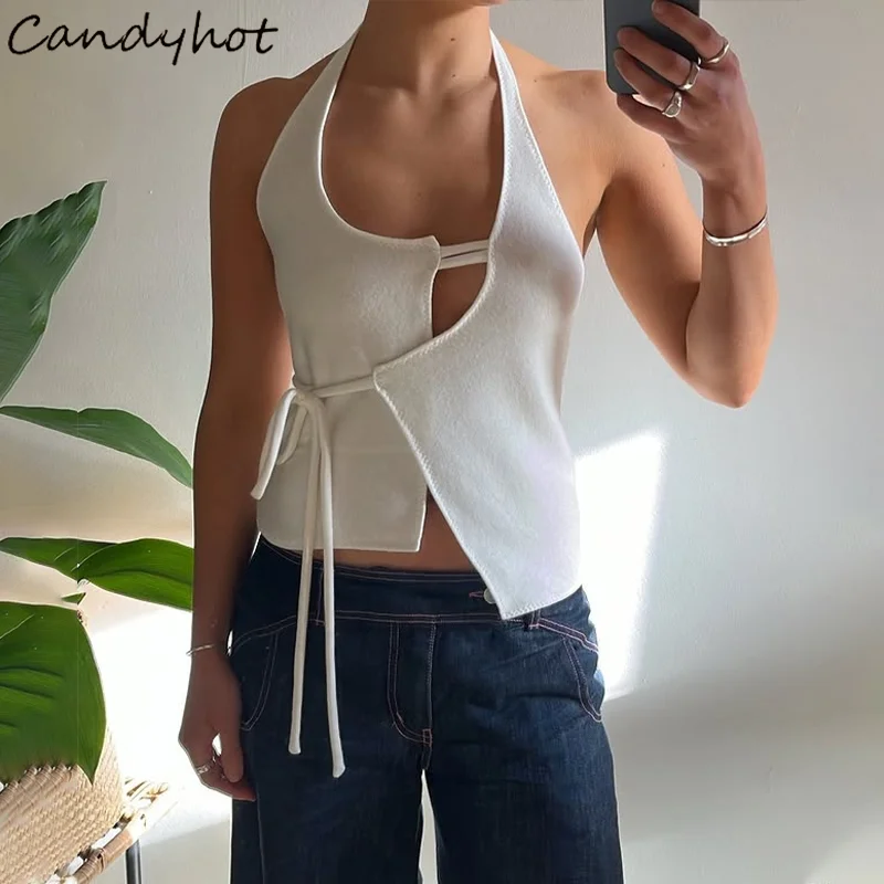 Candyhot-Tops cortos con cuello Halter para mujer, Tops sexys con espalda descubierta de Color sólido Y2K, moda de verano, ropa de calle informal dulce y bonita, camisola 2025