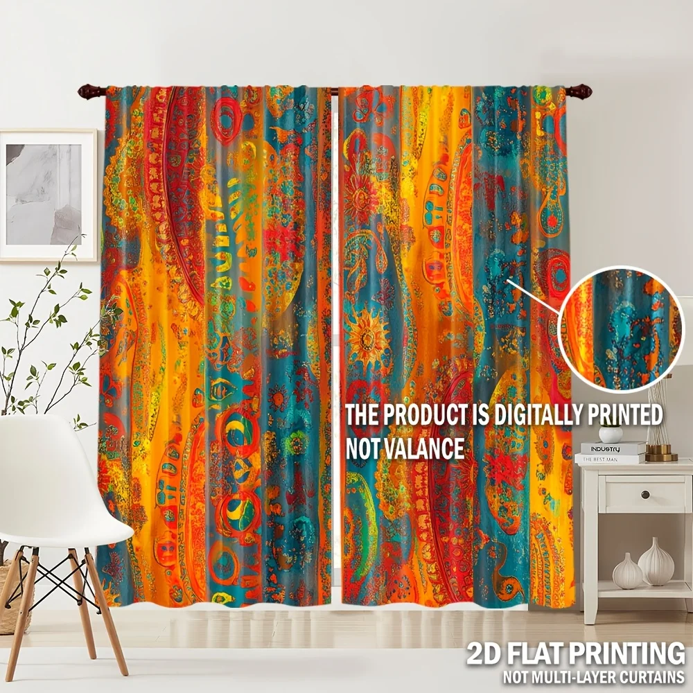 2Pcs,Bohemian Hippie Printed Curtains - Vibrant Spirit Flowers and Pacilli Patterns for Living Rooms Kitchen Bedrooms Home Decor