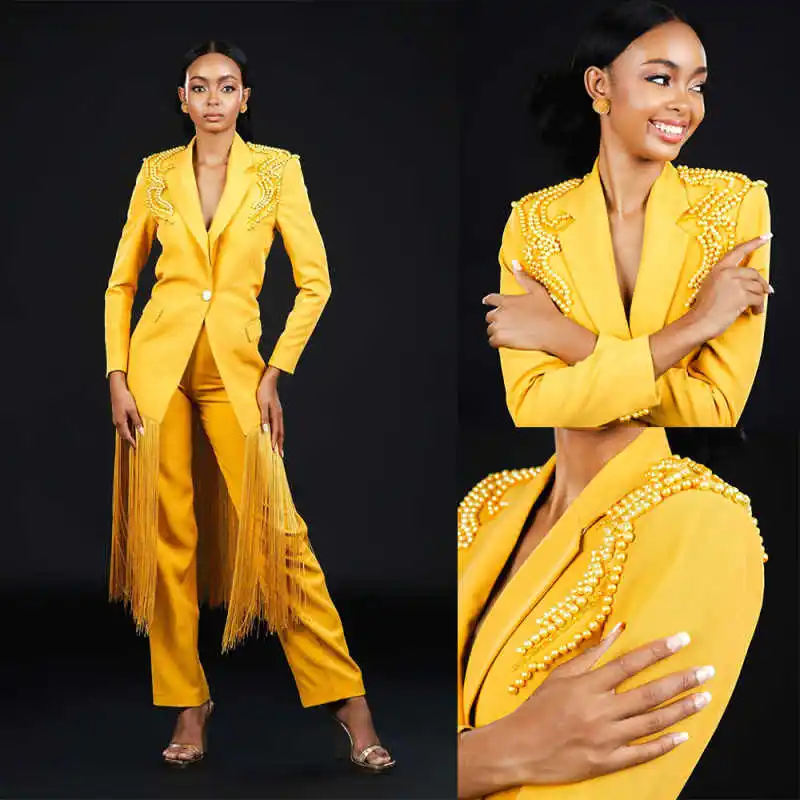 Vintage One Button Women 2 Pieces Power Pants Jacket Tassels Beads Pearls Long Blazer Plus Size Customized Daily Dresses