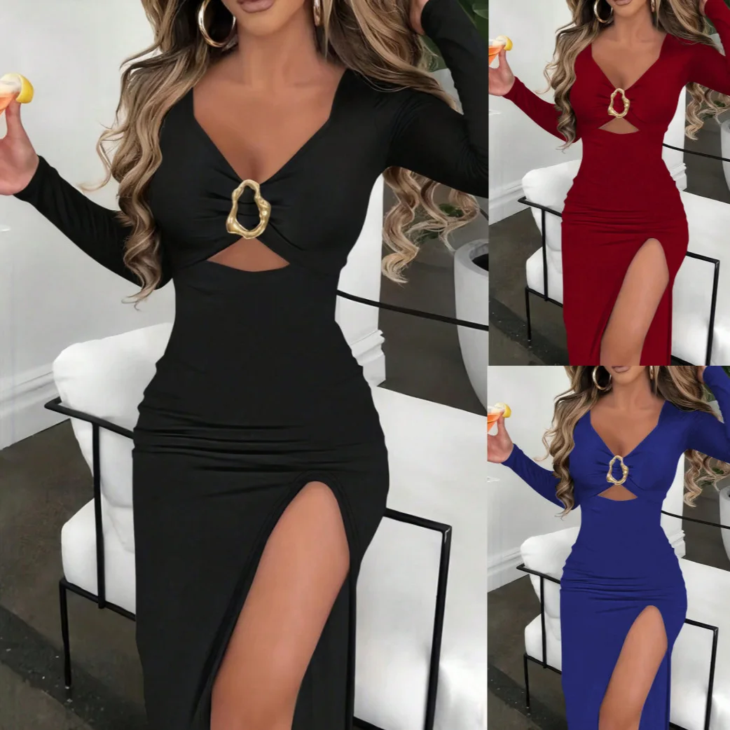 

Black Long Sleeve Bodycon Dress with Gold Buckle, Front Cutout & High Slit for Evening Parties