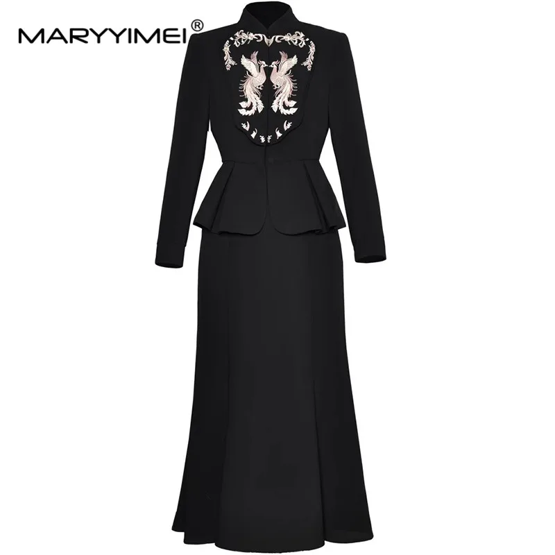 MARYYIMEI Fashion Chinese style Embroidery Women\'s Suit Stand Collar Long-Sleeved Tops+Slim Straight Skirt Vintage 2 piece set