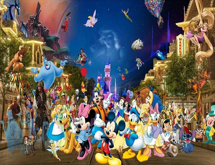 Disneyland Main Street Backdrop Happy Birthday Pink Disneyland Castle All Character Background for Kids Vinyl Classic Poster