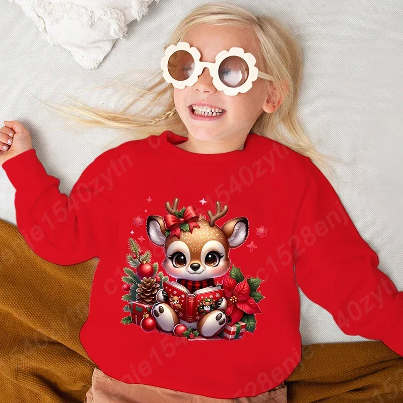 

Cartoon Christmas Deer Pattern Kids' Casual Long Sleeve Sweatshirts, Round Neck, Christmas Pullovers, Suitable For Children