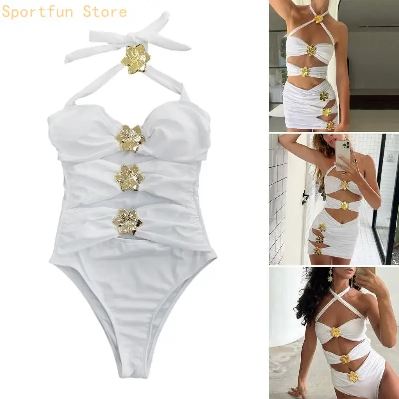 Women Piece Swimsuit Halterneck Swimwears Backless Swimming Costume Monokini Hollow Cutout Bathing Suit Adjustable Strap