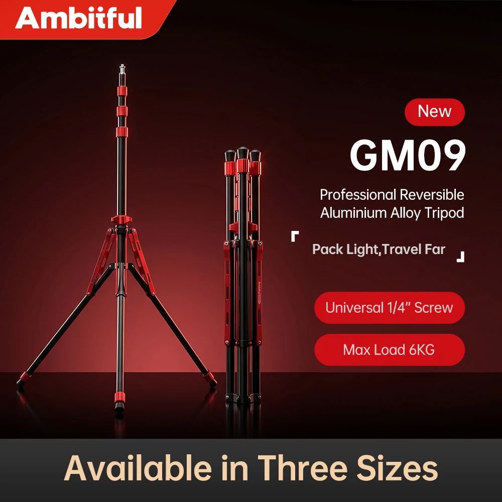 Trépied professionnel Ambitful GM09 en alliage d'aluminium réversible, tailles S/M/L, support léger pour éclairage LED, flash de studio, boîte à lumière, parapluies
