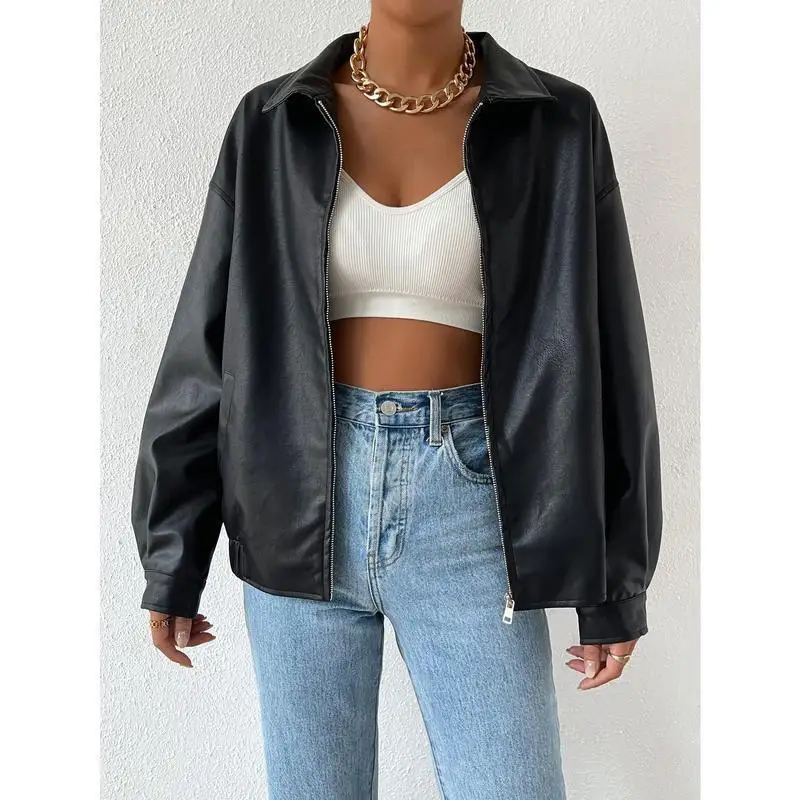 Drop Shoulder Zip up PU Cropped Leather Jacket Long Men's Fashion Spring Season Non Deformable Other Material 100%