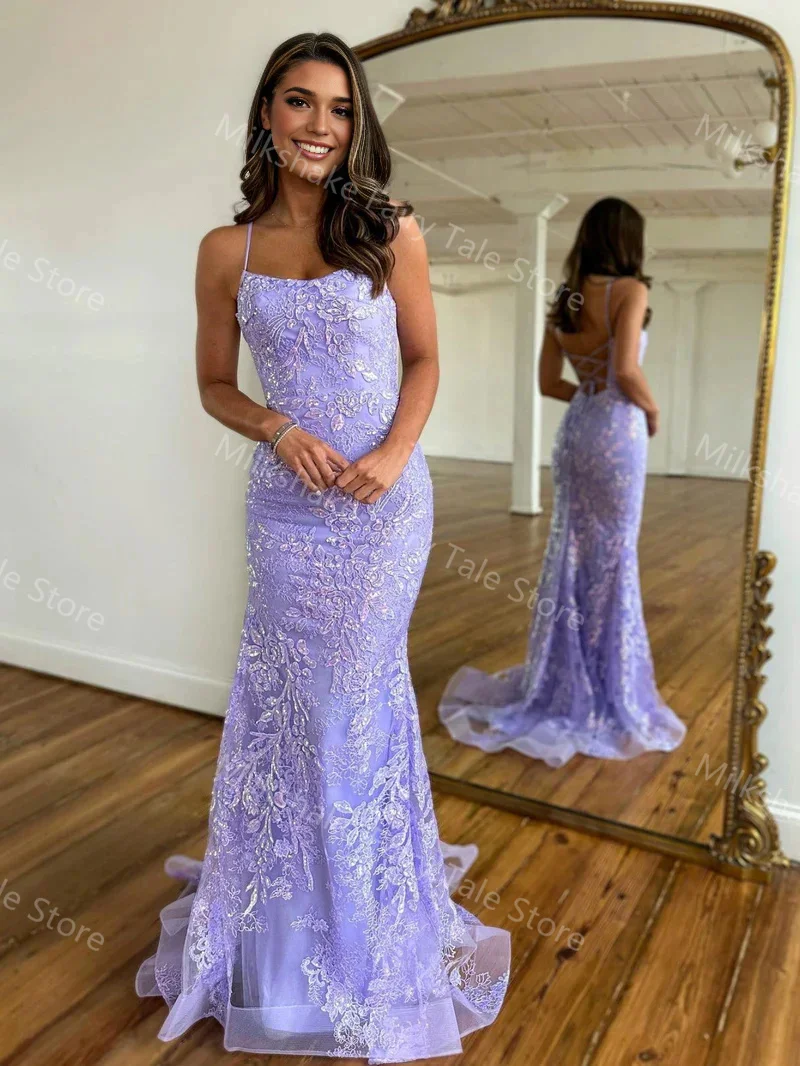 Lavender Mermaid Prom Dresses Lace Appliques Sleeveless Evening Dresses Sexy Sweep Train Women Customized Wedding Guest Gowns