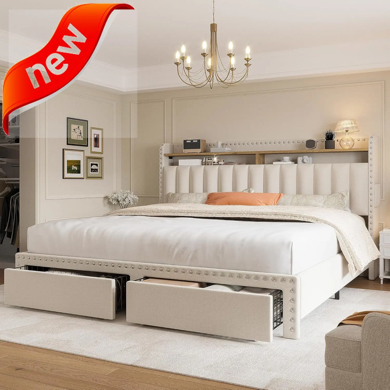 Hot-selling Queen Bed Frame with Headboard and Storage, Upholstered Queen Bed Frame with Storage, Queen Size Bed Frame