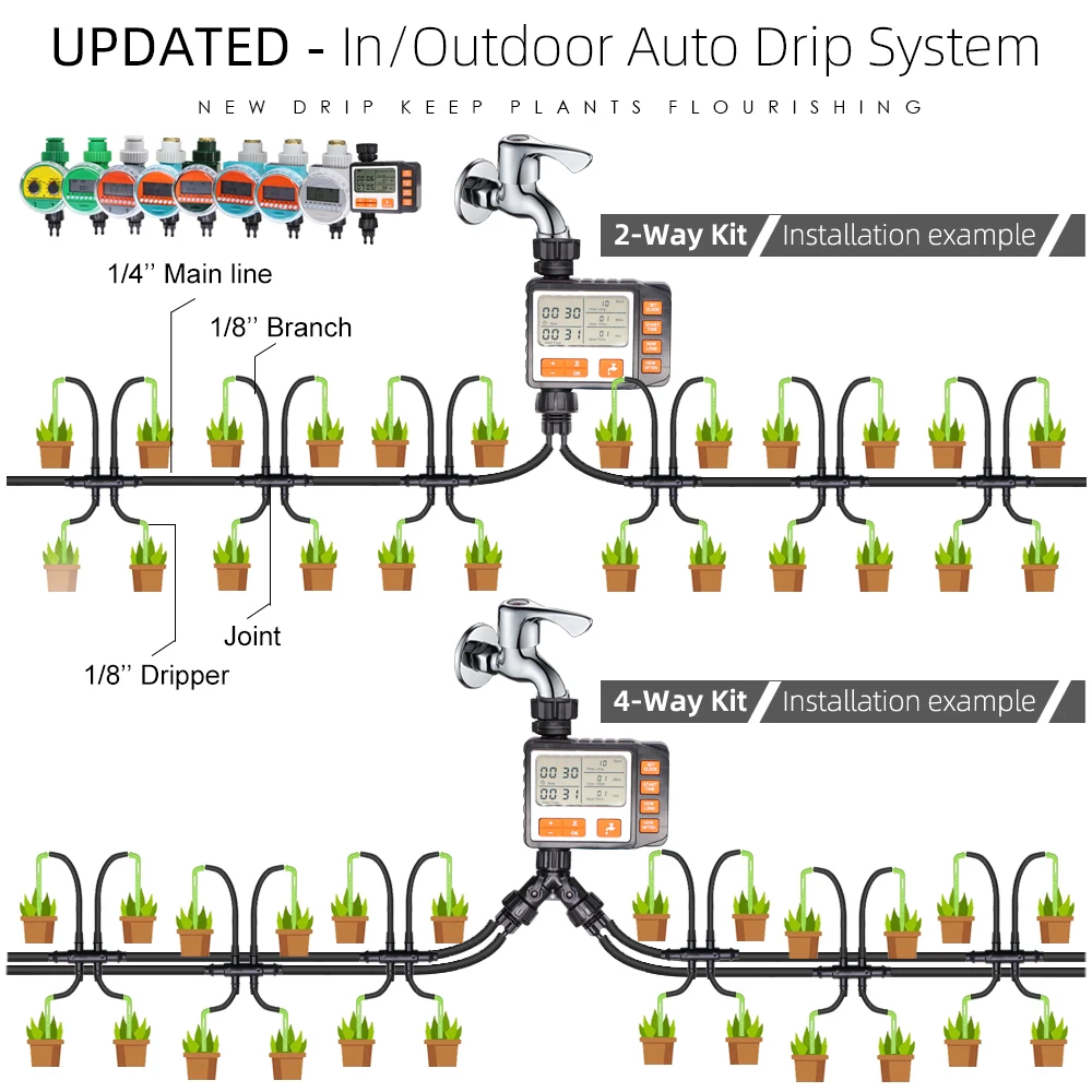 Garden Automatic Timer Watering System 4/7 3/5mm Hose Micro Drip Irrigation Kit Elbow Arrow Emitter for Potted Plants Fruit Tree