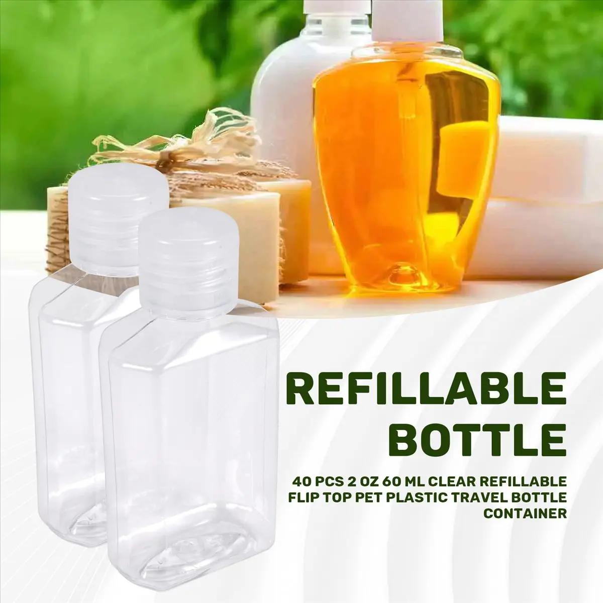 [N84R] 40 PCS 2 Oz 60 Ml Clear Refillable Flip Top PET Plastic Container