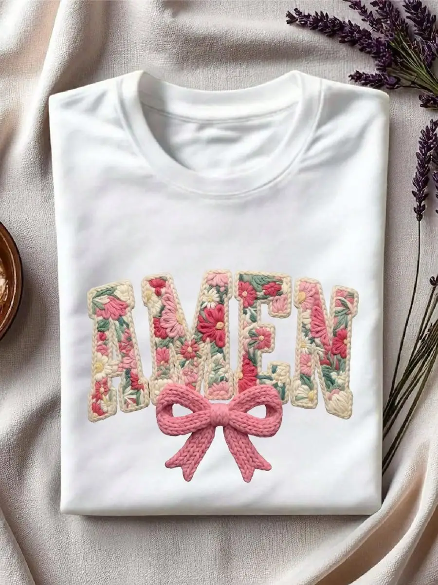 Coquette Amen Faux Yarn Crochet T-Shirt, Floral Christian Knitted Shirt, Retro Floral Religious Crew Neck, Boho Cottagecore Short Sleeve. GA420