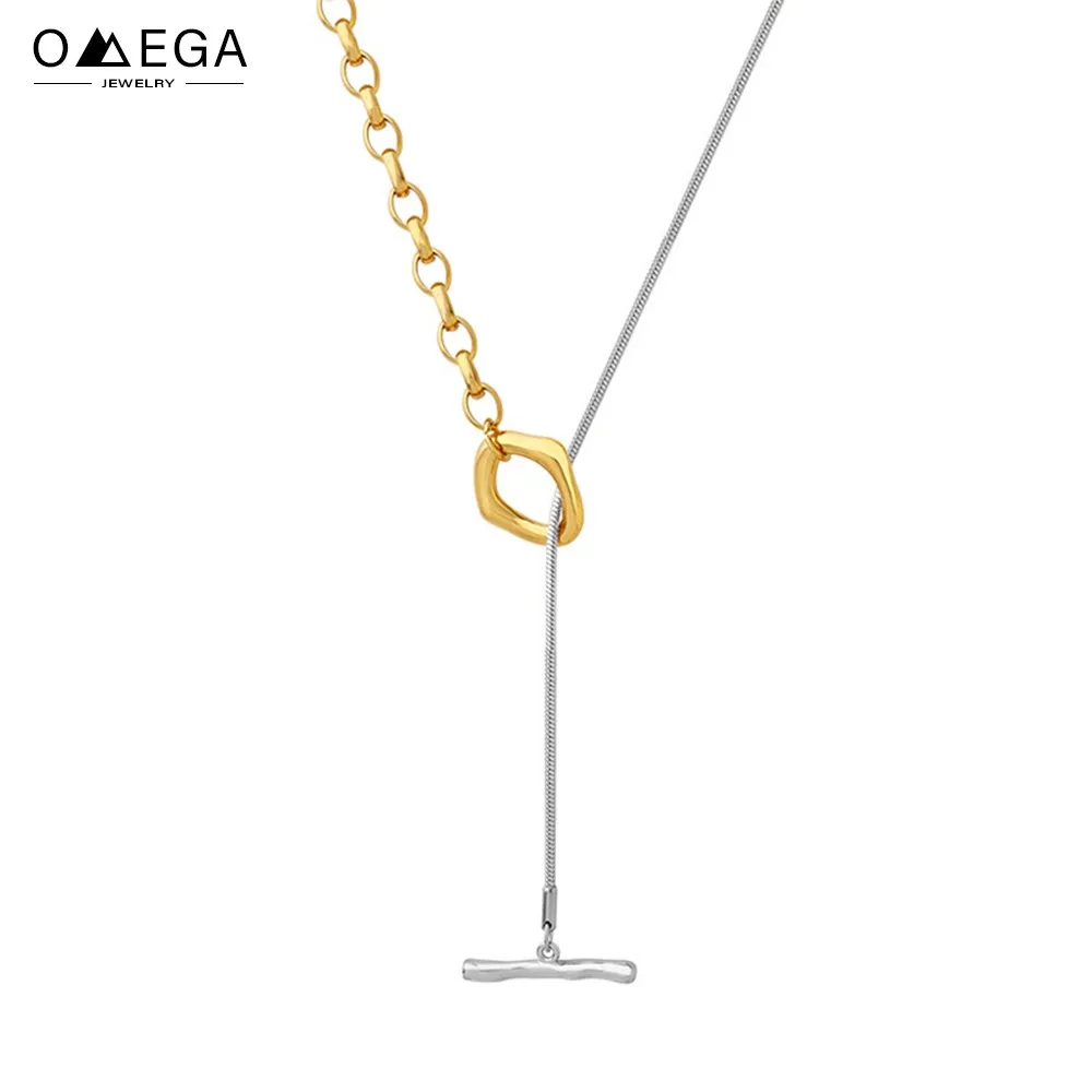 80cm Adjustable Two-tone Stainless Steel Long Necklace For Women 18k Gold Silver Color OT Buckle Women's Sweater Chain Necklaces