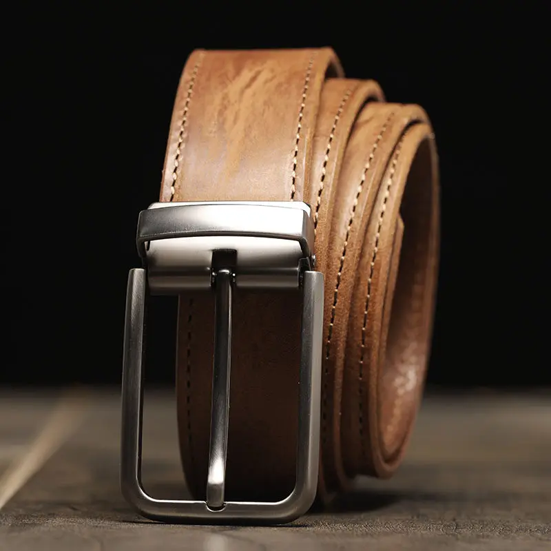 Vintage Handmade Top Layer Leather Belt for Men Square Pin Buckle Genuine Leather Dress Pants Belt Adjustable Waist Belt