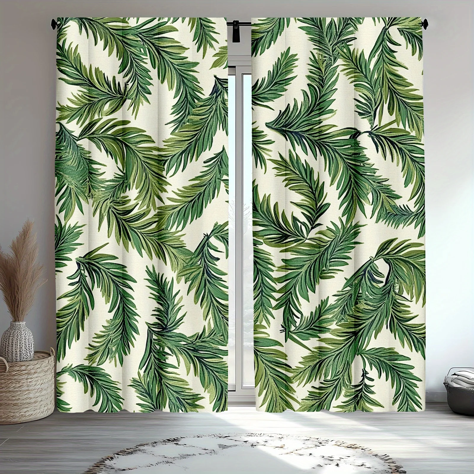 

2pc Tropical palm leaf pattern curtains, polyester fabric, machine washable, suitable for bedroom and living room decoration