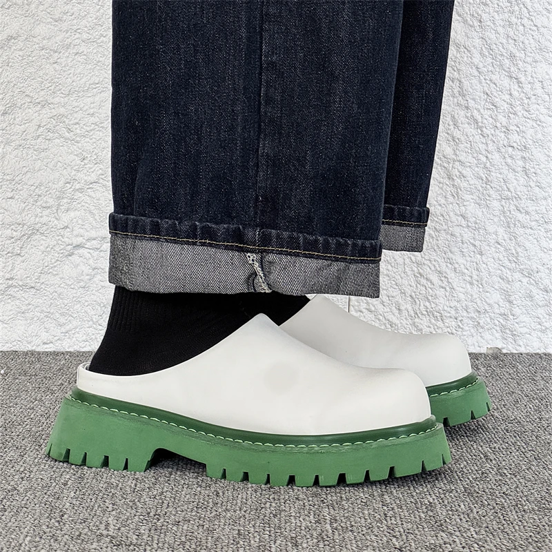

Unisex White Green Platform Clogs Thick Sole Leather Mules Slip-On Casual Shoes Outdoor Streetwear Fashion 2026 New Arrival