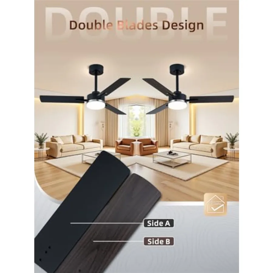 Bedroom and living room ceiling fan with light, silver and black metal, modern flush mount low profile design, reversible quiet