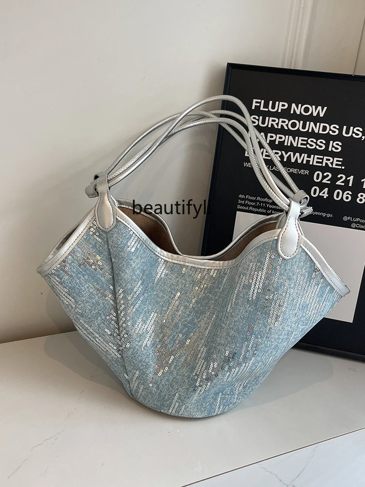 Denim Sequins Large Capacity Bag Summer New Shoulder Bag Casual Western Style Commute Cross Body Bucket Bag