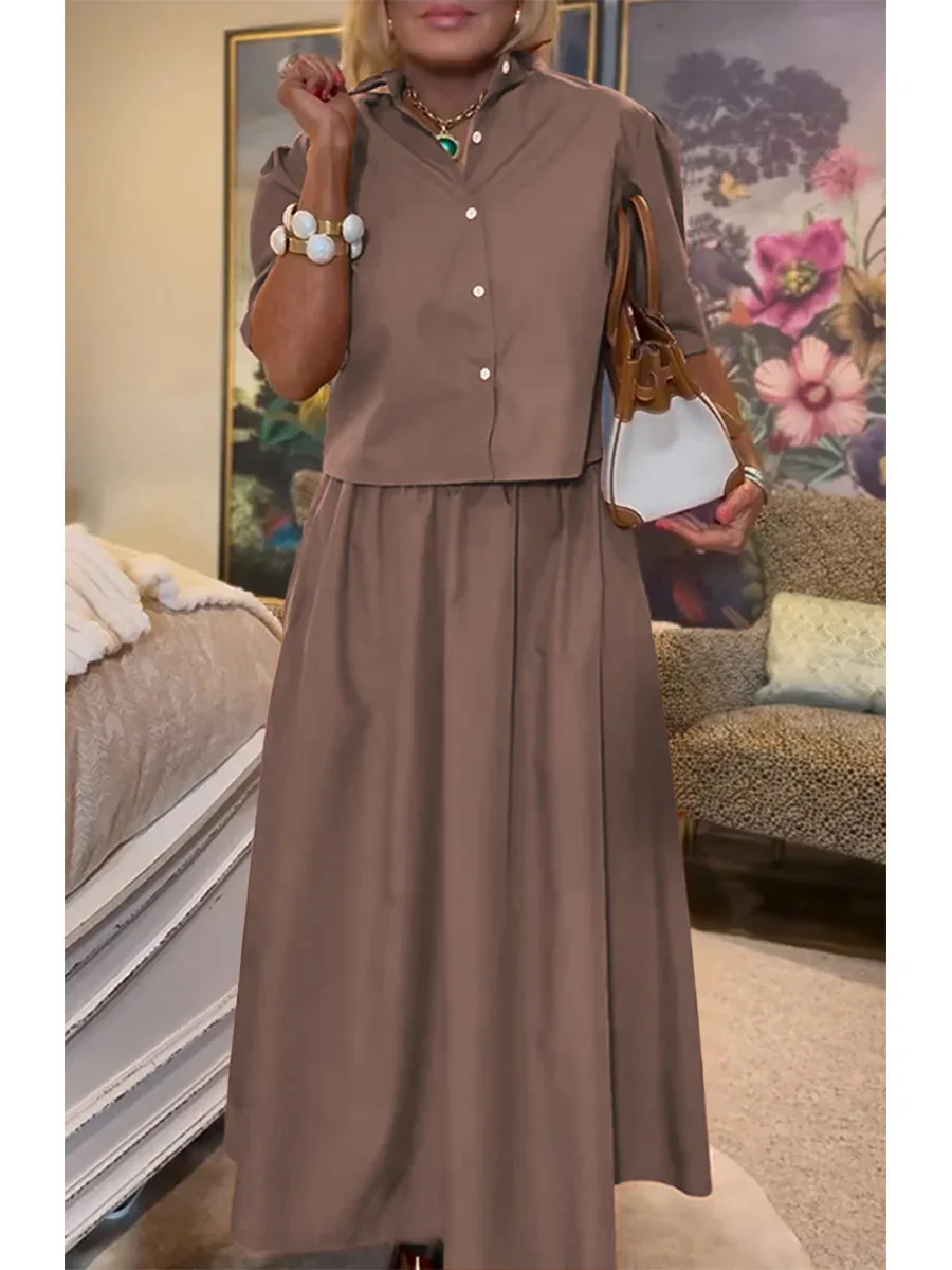 

Fashion Button Half-sleeved Shirt + Skirt Suit Women Solid Color Summer Casual Loose Top Skirt For Women 2025
