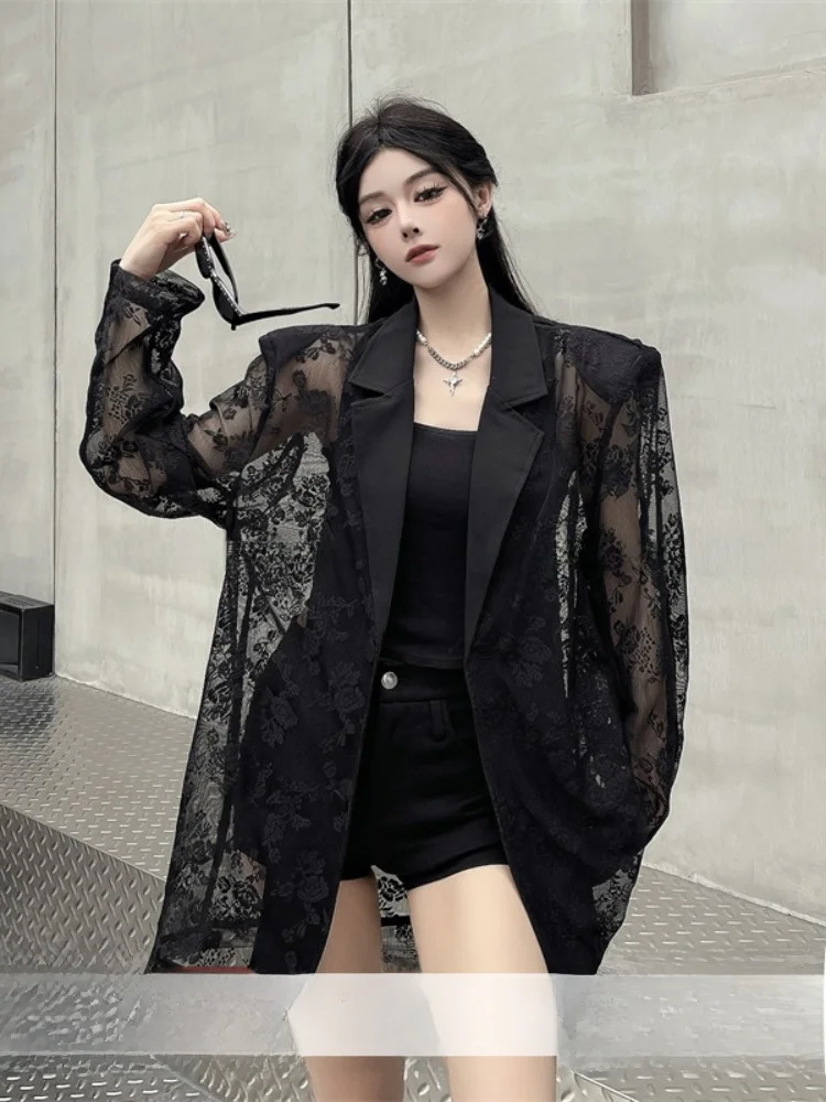 

Ele Lace Splicing oulder Pad Suit Women's Summer New Hollow out Breathable Slimming Western Sle Coat Long Sve