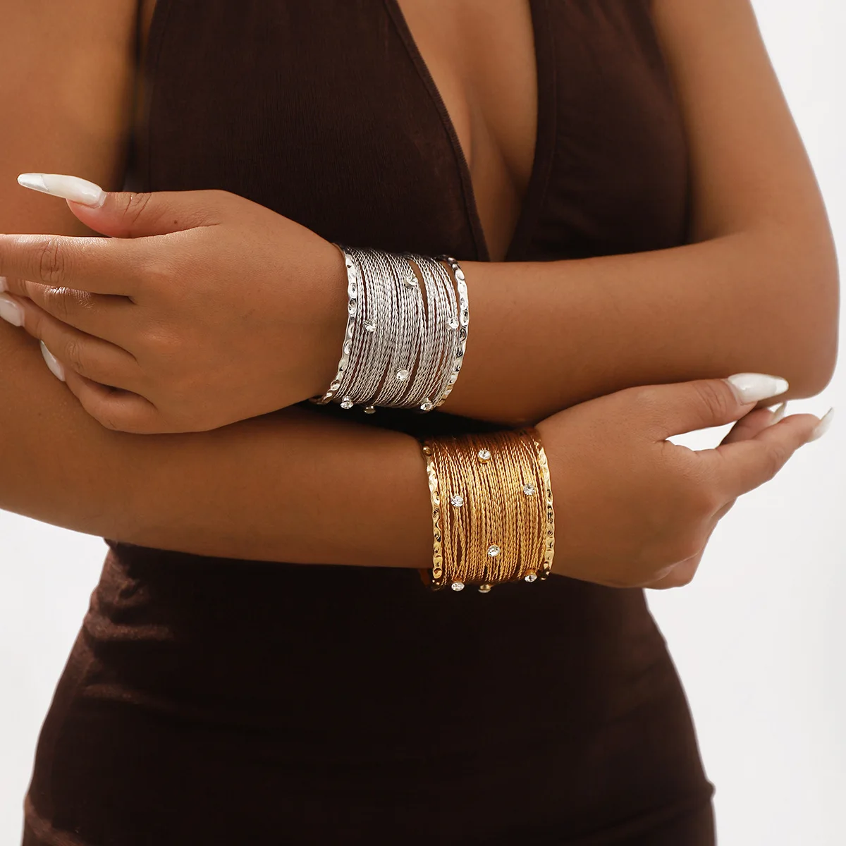 Punk wide multi-layer wire-wrapped bracelet, bold and exaggerated crystal-embellished metallic open-ended hand accessory