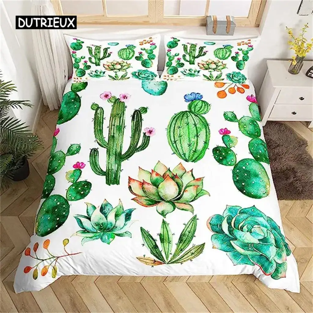 

Cartoon Cactus Duvet Cover Green Plants Succulents Bedding Duvet Cover Kids Teens Nature Art Soft Microfiber Bedroom Decorative