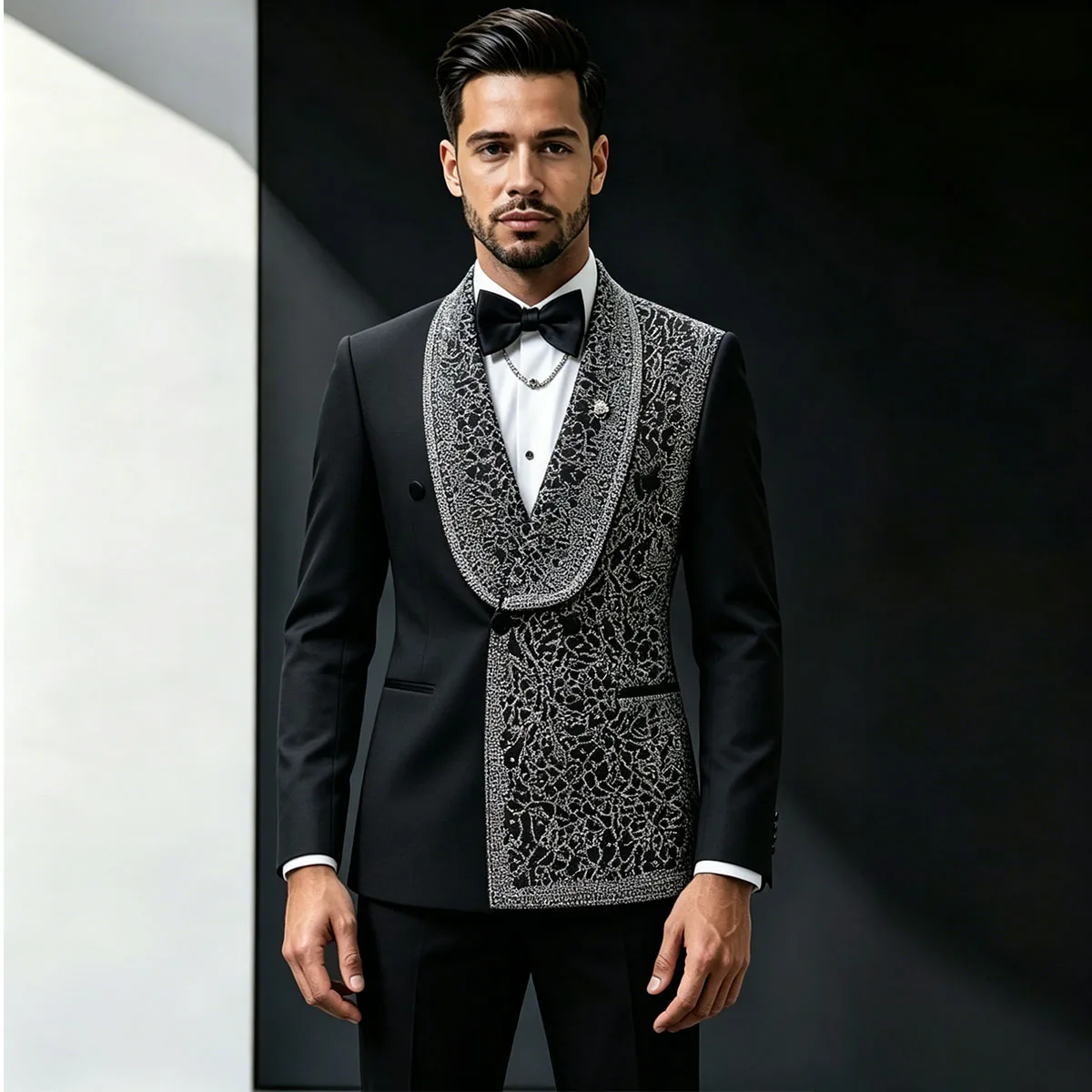 

Customized Diamond 2 Piece Sets Applique Men Suits Male Prom Blazer Shawl Lapel Ropa hombre Slim Fit Groom Wedding Tuxedos