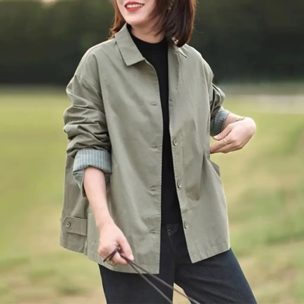 

Casual Loose Women's Windbreaker Jacket Stand Collar Versatile Plus Size Fashionable Comfortable Spring Autumn Korean Style