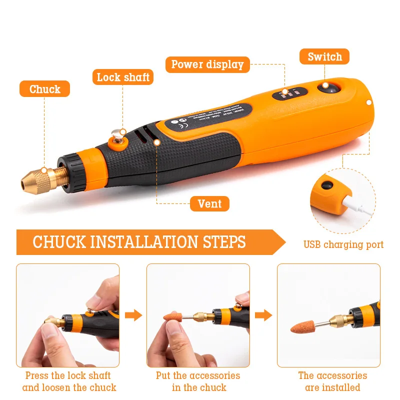 USB Cordless Rotary Tool Kit 3.6V Electric Grinder 3 Speed Mini Electric Drill Engraving Pen Adjustable Polishing Engraving Tool