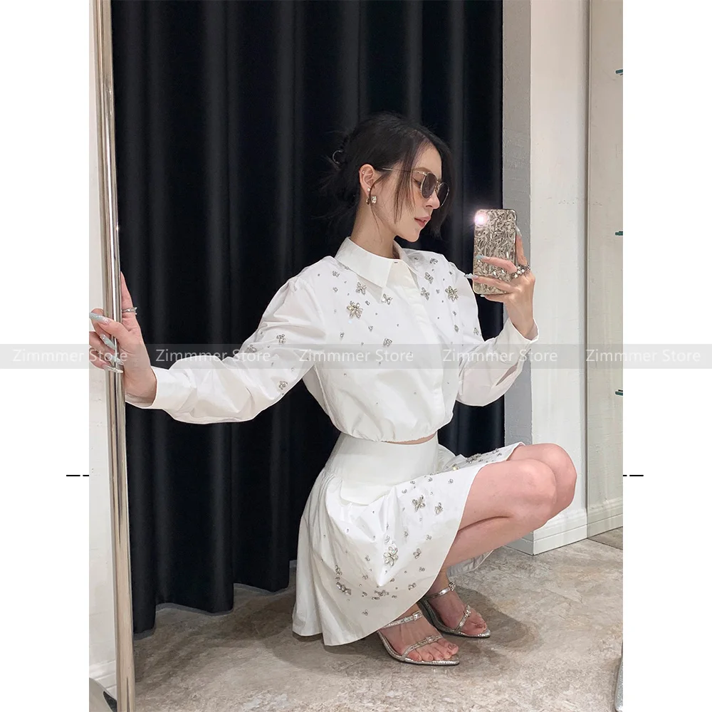 24 Spring and summer new French heavy diamond decoration lapel shirt top high waist bubble skirt suit