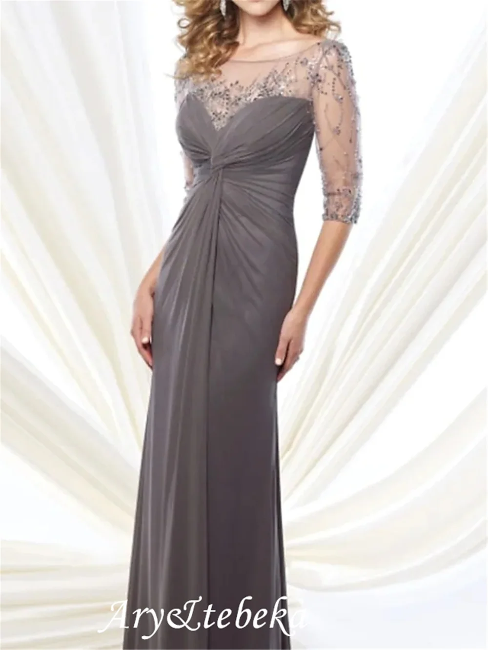 Sheath Mother of the Bride Dress Elegant&Luxurious Jewel Neck Floor Length Chiffon Tulle 3/4 Length Sleeve with Beading Ruching