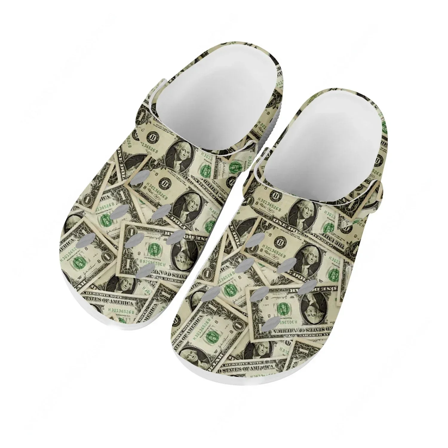 

Водонепроницаемые сабо с принтом доллара для мужчин и женщин, высококачественные модные сандалии для дома и сада, индивидуальные пляжные дышащие тапочки с отверстиями