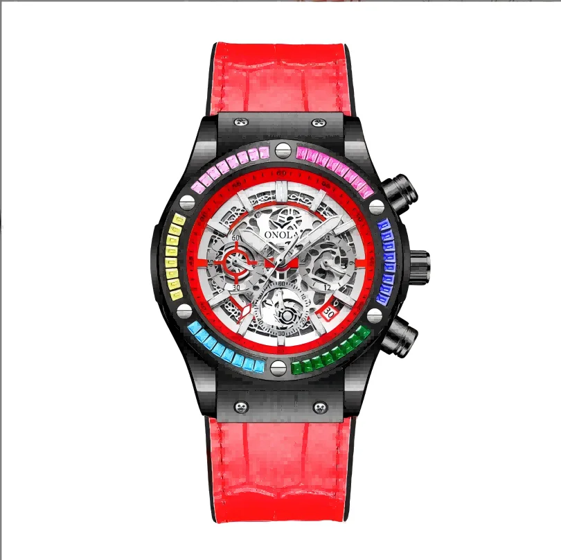 2024 Mode lederen polshorloge Populair multifunctioneel vrijetijdsregenboog diamanten herenhorloge Mode waterdichte quartzhorloges