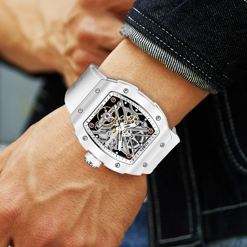 Haofa Automatic Mechanical Watch Men Tourbillon Movement Luminous Skeleton Ceramics Rubber 72 Hours Power Hollow out Trend 1988