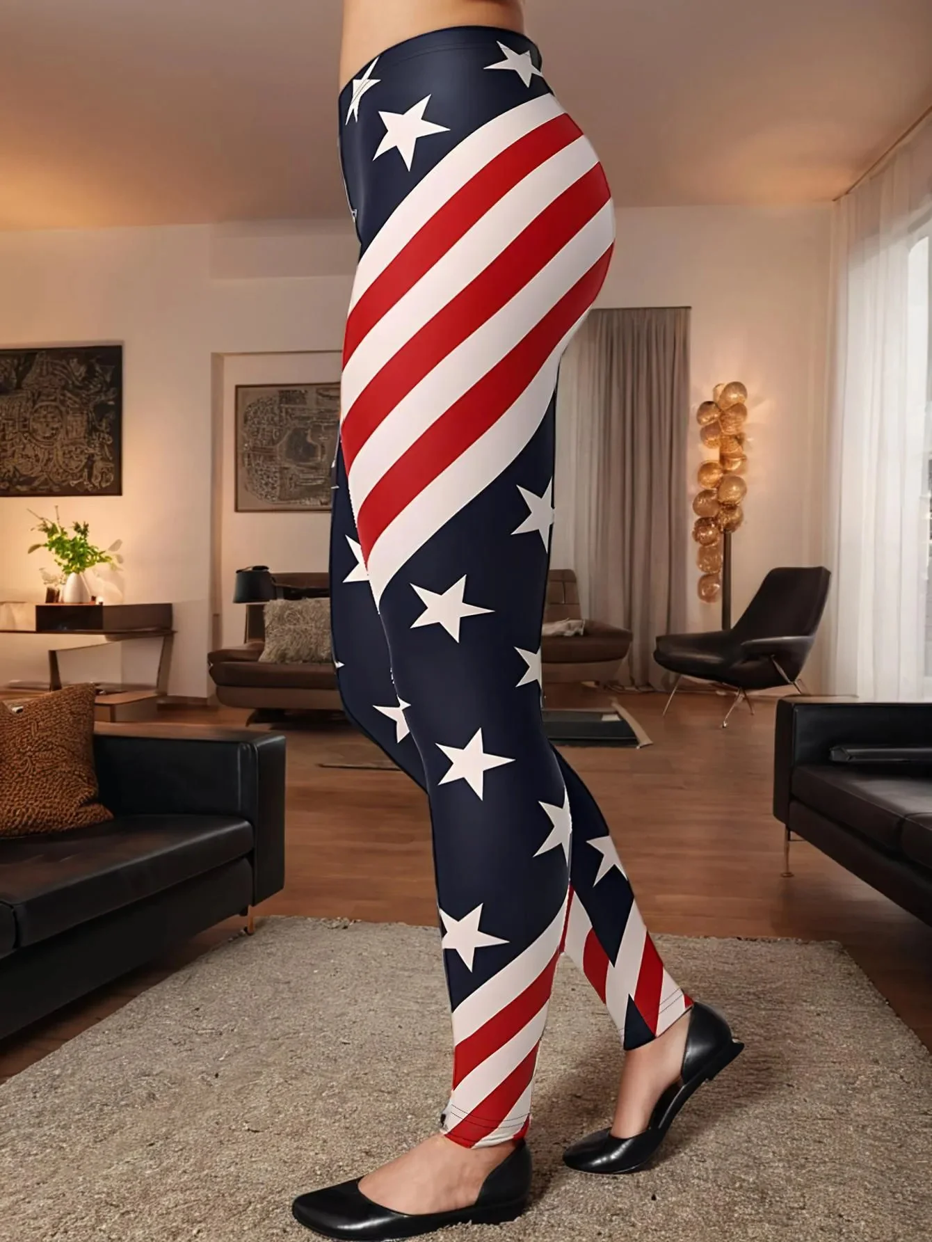 Ladies High-Waist Soft High-Elastic Breathable Yoga Running Sports Pants with American Flag Print Tummy Control Leggings