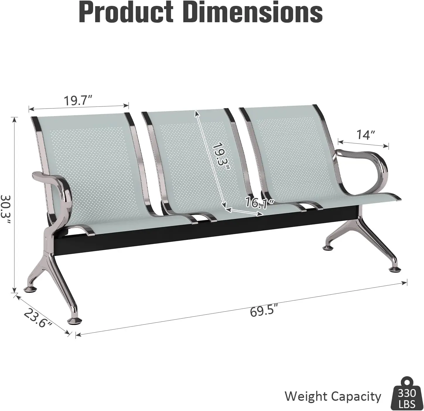 Silver 6-Seat Waiting Room Bench Set, Office Reception Chair with Armrests for Airport Lobby Hospital Bank Salon