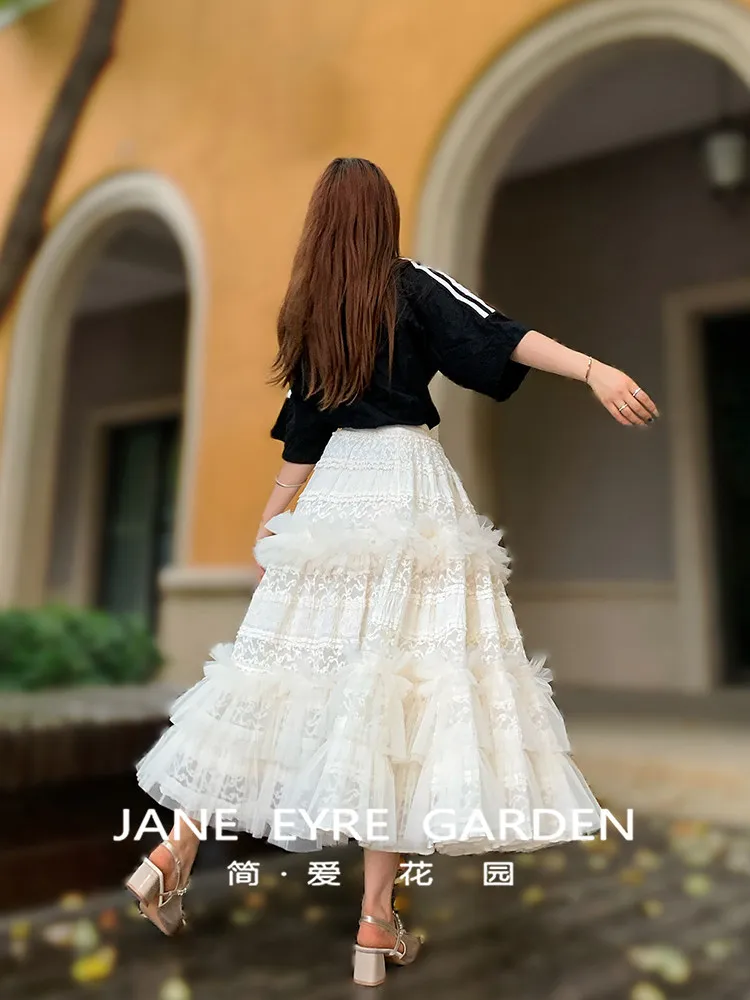 TIYIHAILEY-Women's Long Mid-Calf Mesh Skirt Elastic Waist Ball Gown Beige Black Ladies Lace Patchwork Skirts XS-XL 2026 New