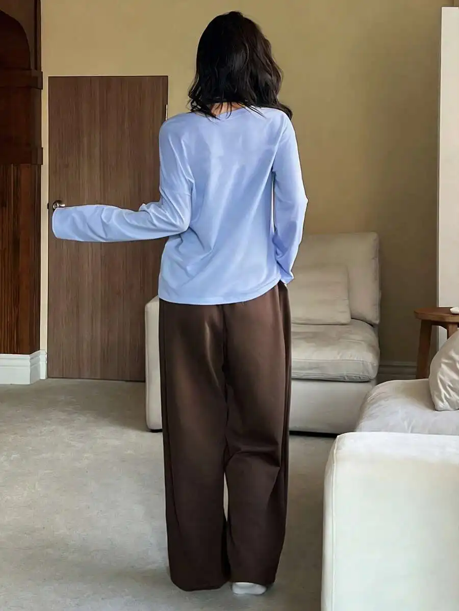 

Women Solid Loose Oversized Long Sleeve T-Shirt And Straight Long Pants Pajama Set Spring