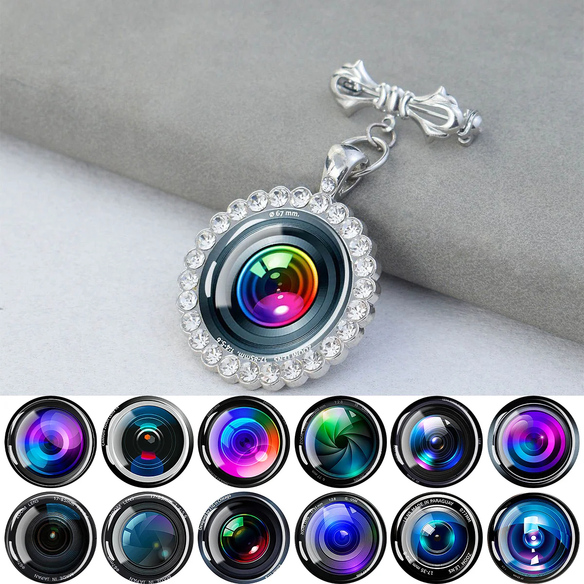 1PC Photography themed camera pattern circular glass brooch with synthetic zircon trim, suitable for holiday party gifts.