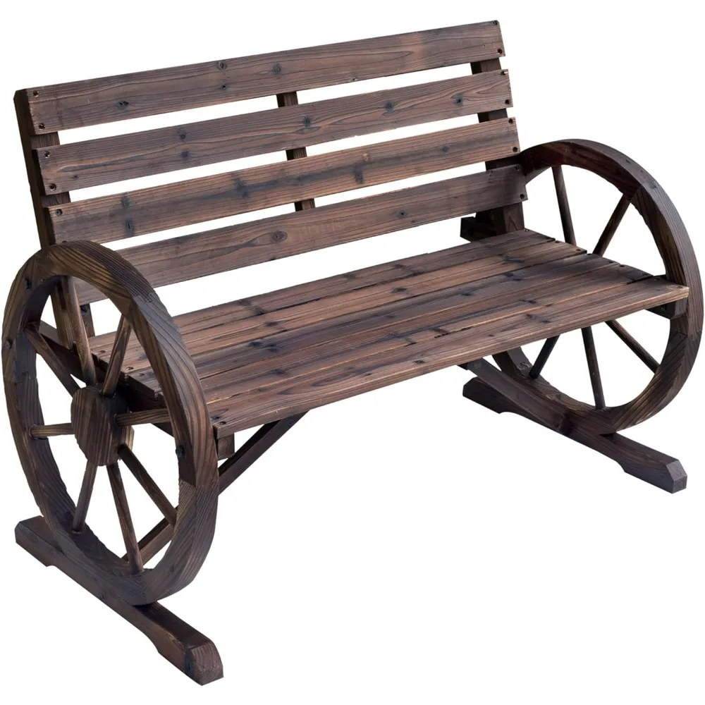 

41" Wooden Wagon Wheel Bench, Rustic Outdoor Patio Weather Resistance Furniture, 2-Person Slatted Seat Bench