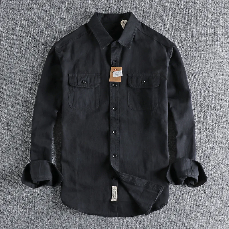 

American European Vintage New Fashion Men's Solid Color Long Sleeve Cotton Casual Trendy Loose Cargo Shirts Male Pocket Clothes