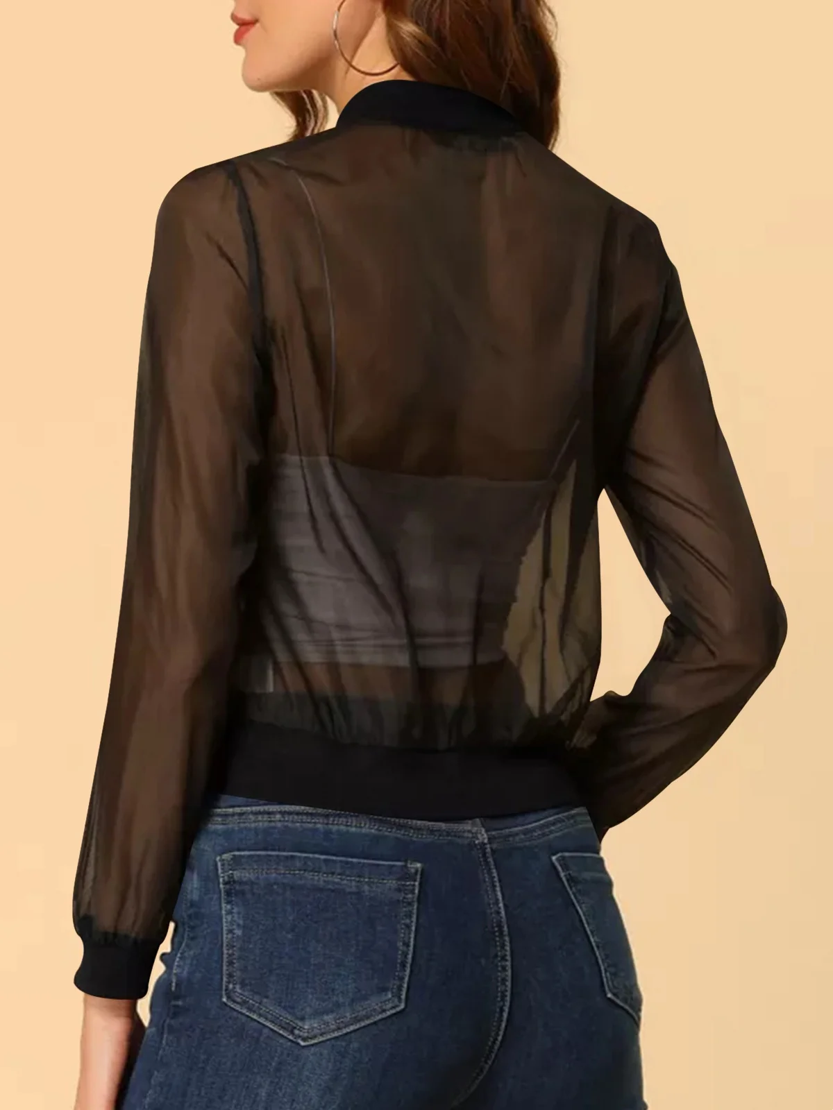 Veste Transparente à Manches sulfet Fermeture Éclair pour Femme, Manteau Décontracté en Maille Y, Streetwear à la Mode