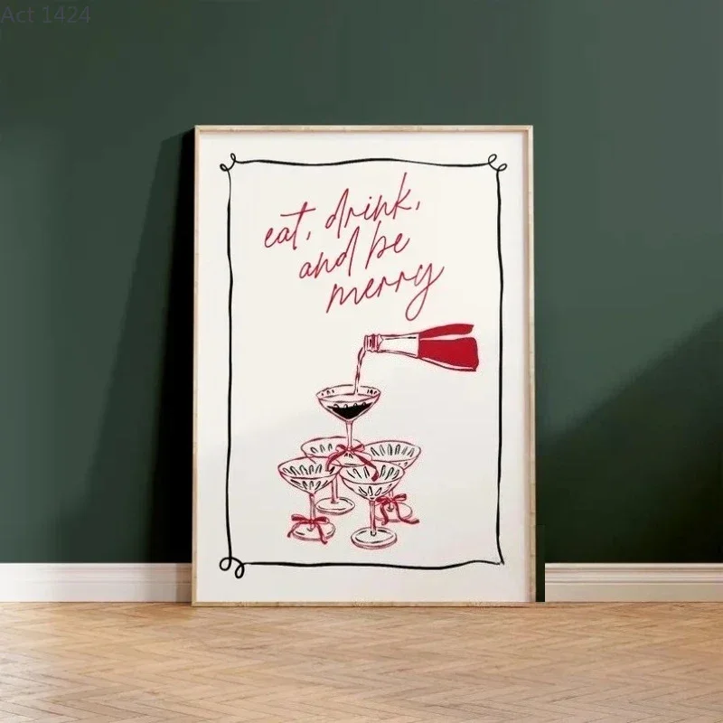 Trendy Bar Cart Print Christmas Cocktail Wall Art, Holiday Decor, Eat Drink Be Merry Poster Sign, Minimalist Printable Art