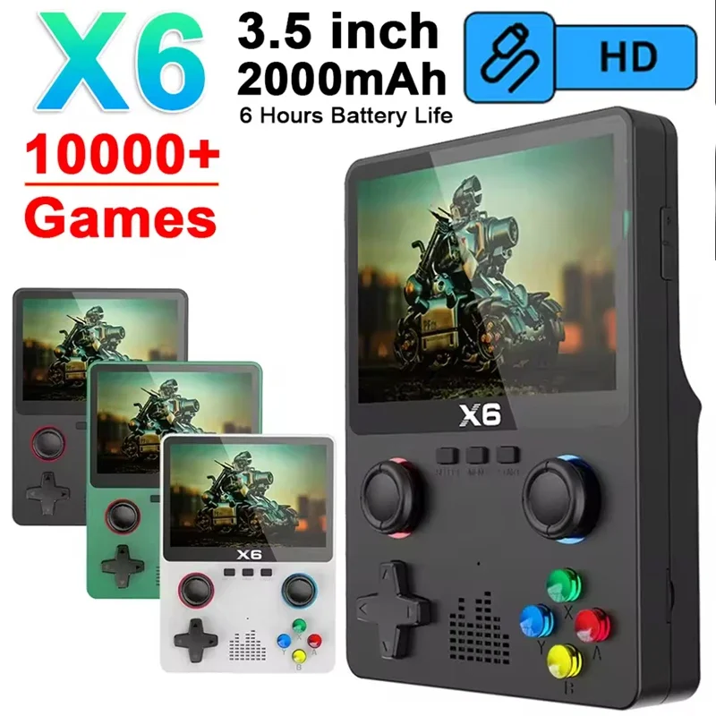 X6 Game Console Retro Video Game Console 3.5in IPS Screen Two Player Game Classic Handheld Games Players Max. 64G Fast Charging