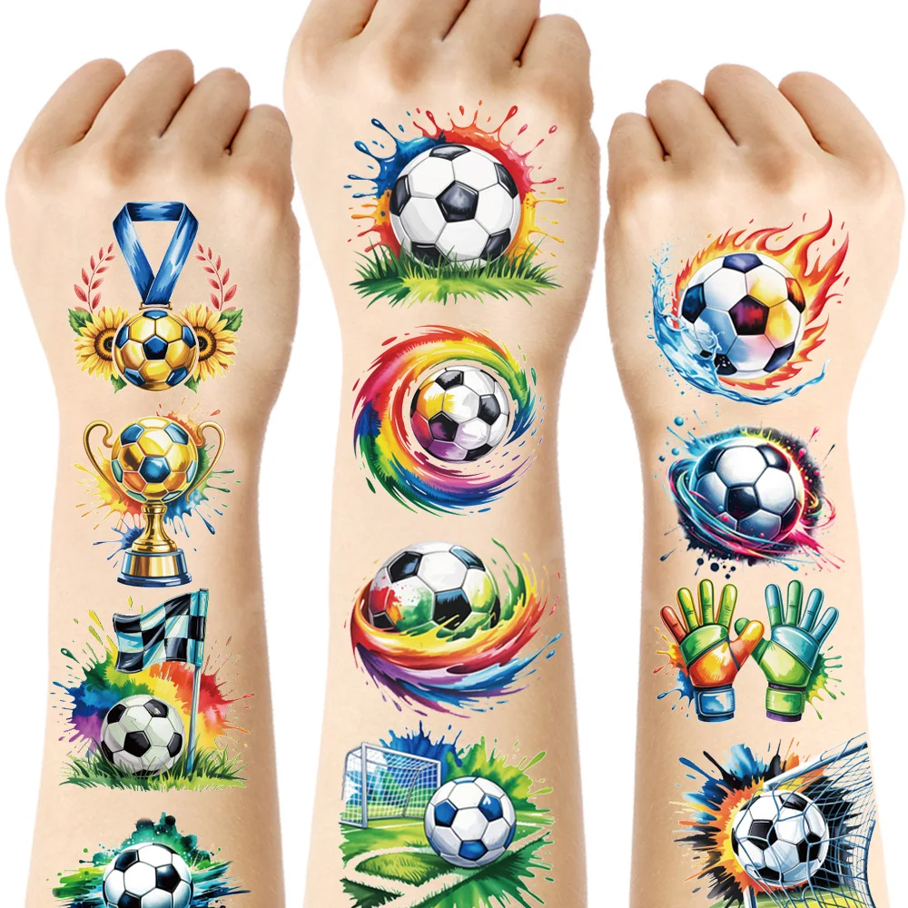 12 Sheets Football Temporary Tattoos, Unique Rainbow Football Design Soccer Stickers for Sports Fan Celebration Party, Gifts
