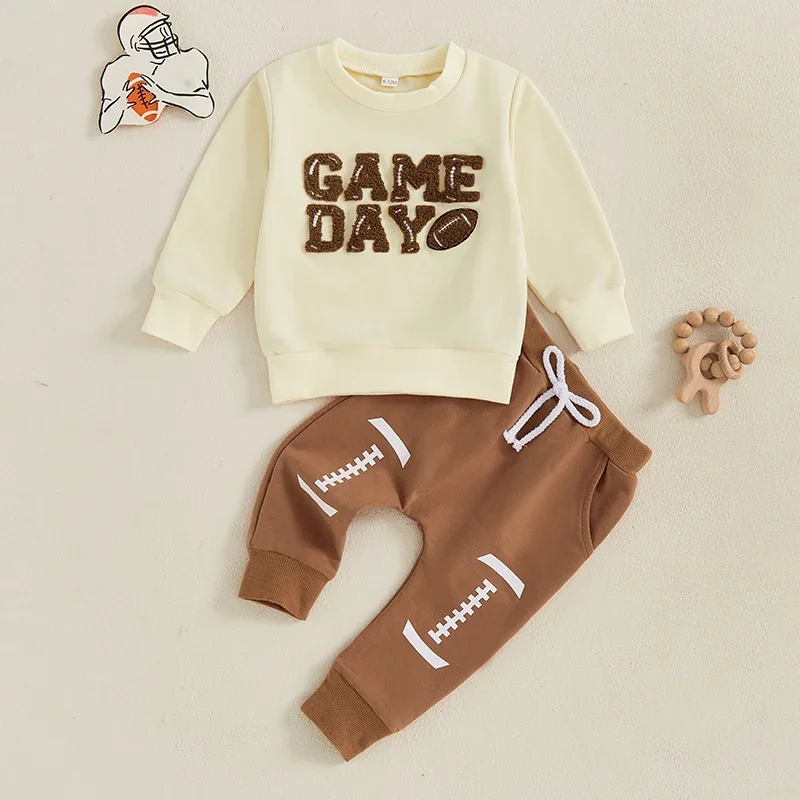 

Toddler Baby Boy Letter Rugby Embroidery Long Sleeve Sweatshirts and Long Pants 2PCS Outfits Newborn Clothes Set