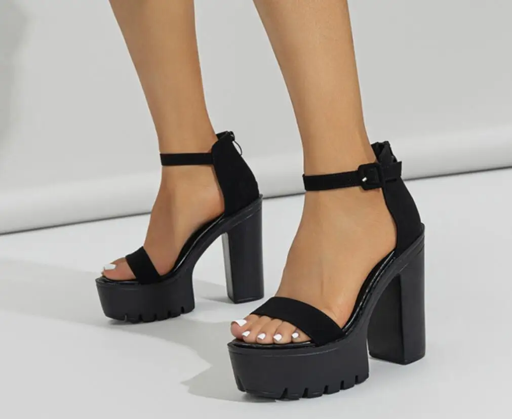 Women Platform Sandals Open Toe Black High Heels Shoes Hook-and-Loop Ankle Strap Sexy Chunky heel Shoes Buckle Decor Sandals